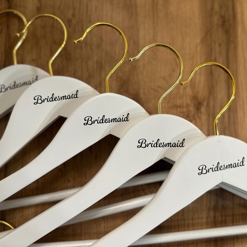 White Bridesmaids, Bride, and Fur Baby Hangers with Gold Hooks